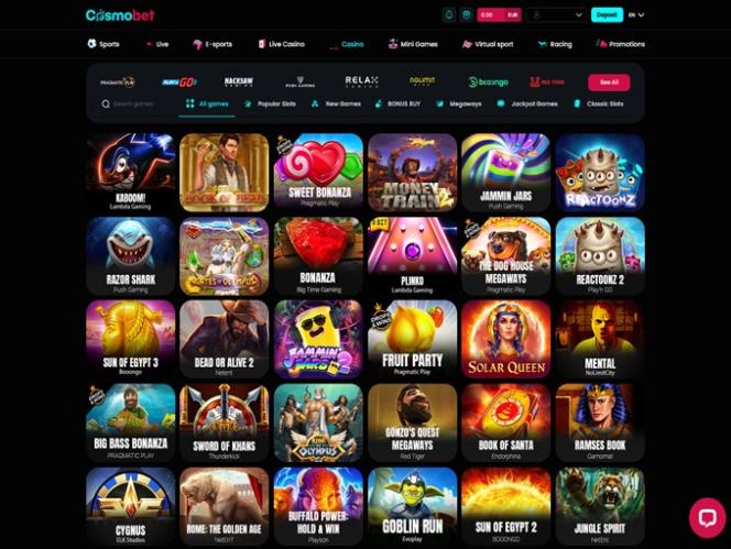 CosmoBet-Startseite mit Casino-Angeboten im Tobique-Casino-Vergleich