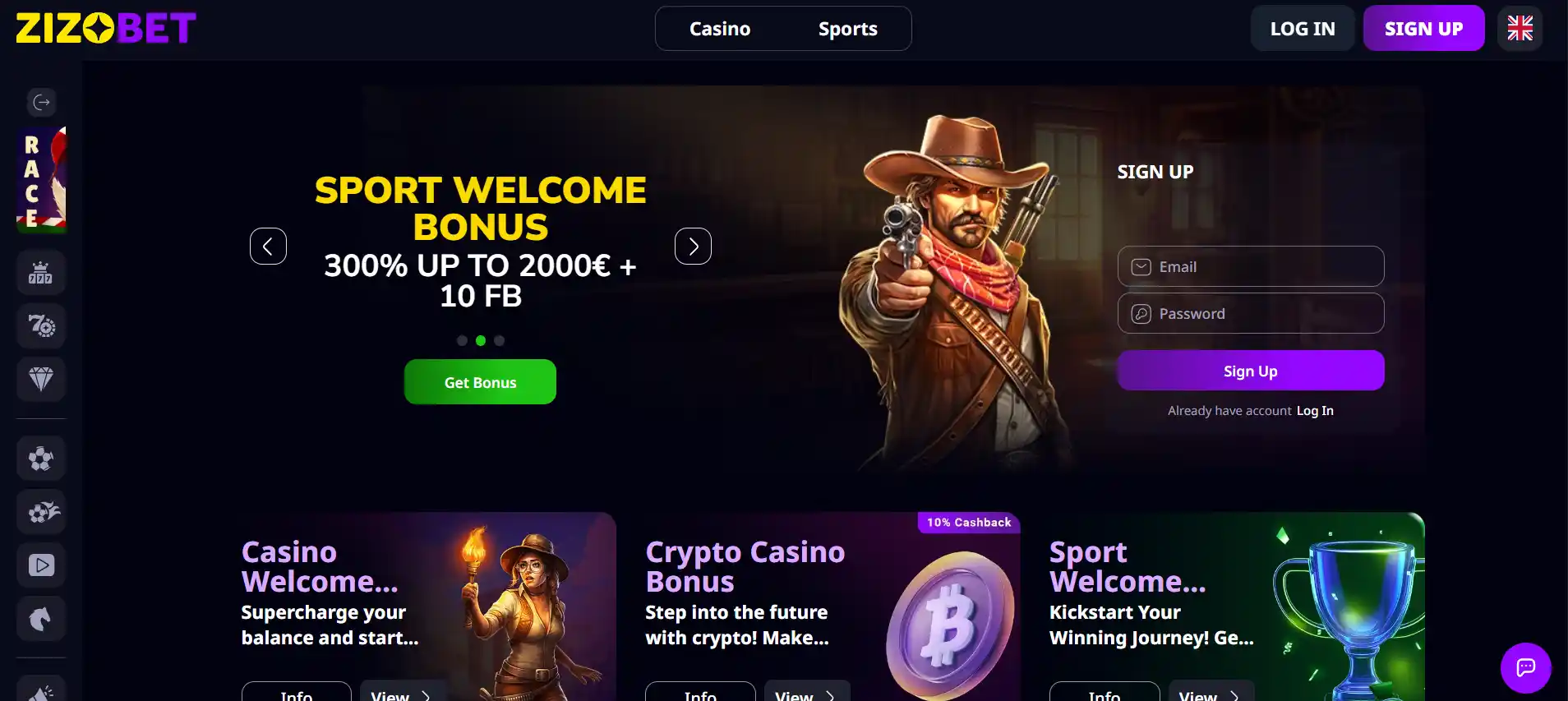 ZizoBet-Startseite mit Casino-Angeboten im Kahnawake-Casino-Vergleich